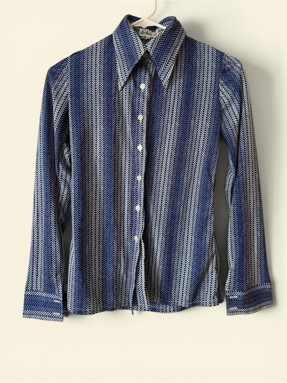 Vintage Shalon Itokin Japan Navy Herringbone Chevron Button Down Shirt S